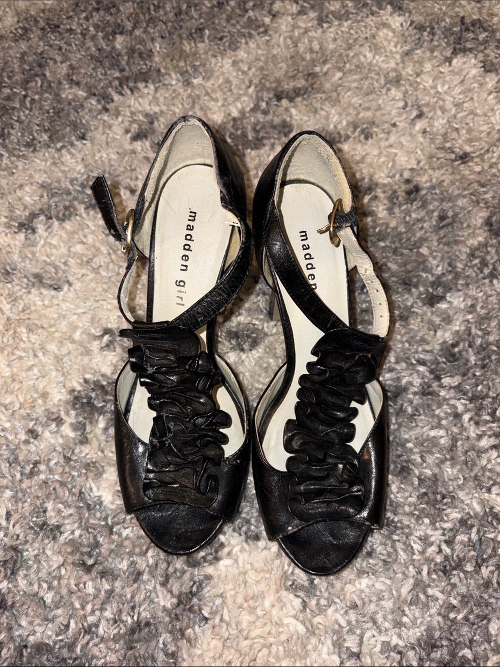 Madden Girl Black Ruffle Peep-Toe Ankle Strap Heels